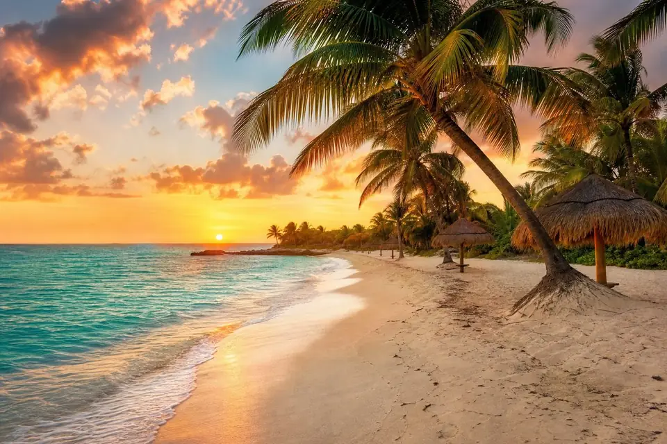 Turquoise water and palm trees on a Cancun beach