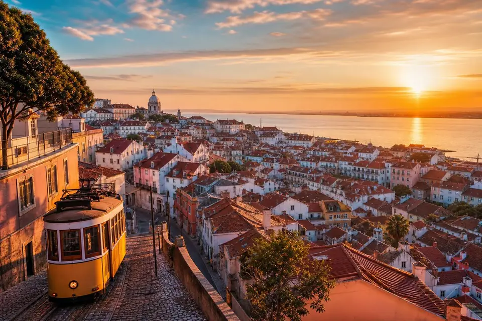 Lisbon rooftops and a yellow tram at golden hour